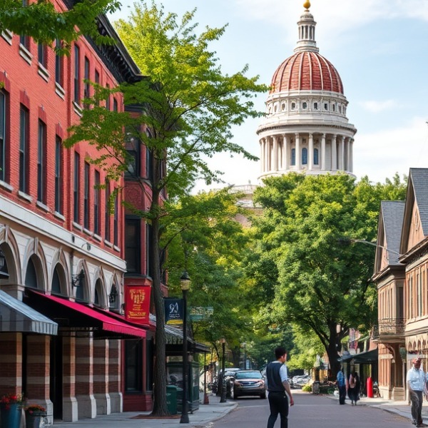 AT&T Coverage, Stores & Plans in Capitol Park, Des Moines IA 50361 A vibrant street scene in Capitol Park, Des Moines, IA 50361, showcasing a charming blend of historic and modern architecture with rows of stately brick and lim