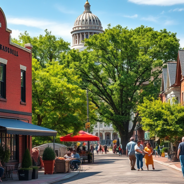 AT&T Coverage, Stores & Plans in Capitol Park, Des Moines IA 50362 A vibrant street scene in Capitol Park, Des Moines, IA 50362, showcasing a historic brick building housing a cozy, bustling café with outdoor seating, colorful