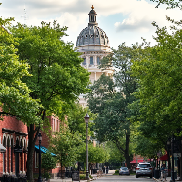 AT&T Coverage, Stores & Plans in Capitol Park, Des Moines IA 50364 A vibrant street scene in Capitol Park, Des Moines, IA 50364, featuring historic brick rowhouses with ornate cornice work and colorful shutters lining a lush, t