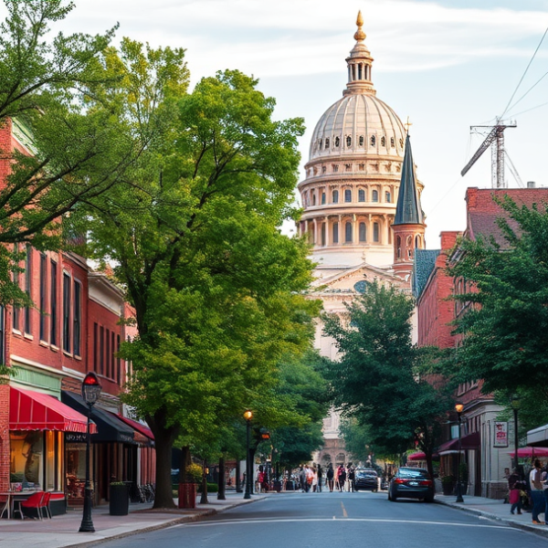 T-Mobile Plans, Coverage & Stores in Capitol Park, Des Moines IA 50368 A vibrant street scene in Capitol Park, Des Moines, IA 50368, showing historic early 20th-century brick row houses with intricate cornice work and colorful stor