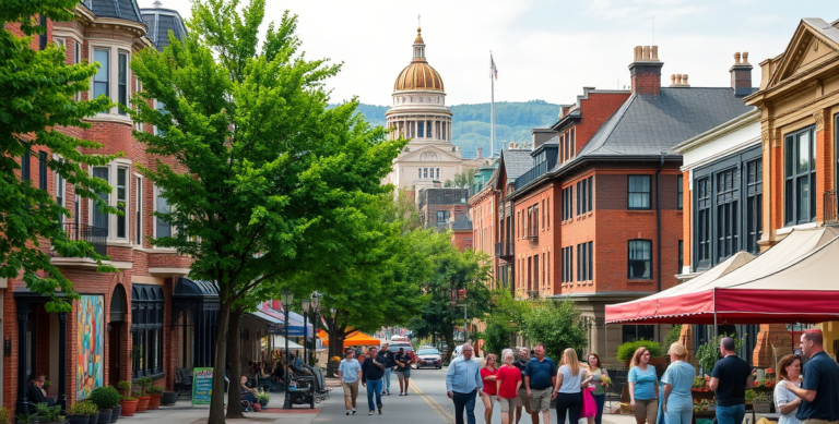 A vibrant street scene in Capitol Park, Des Moines, IA 50380, showcasing a lively neighborhood with historic brick townhouses featuring ornate cornices and bay