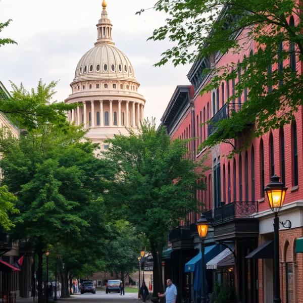 T-Mobile Plans, Coverage & Stores in Capitol Park, Des Moines IA 50947 A vibrant street scene in Capitol Park, Des Moines, IA, showcasing historic brick rowhouses with ornate cornices and colorful facades lining tree-shaded sidewal