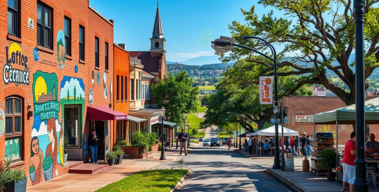 A vibrant street scene in Capleville, Memphis TN 38118, showcasing colorful murals depicting local history and community spirit along the neighborhood's brick w