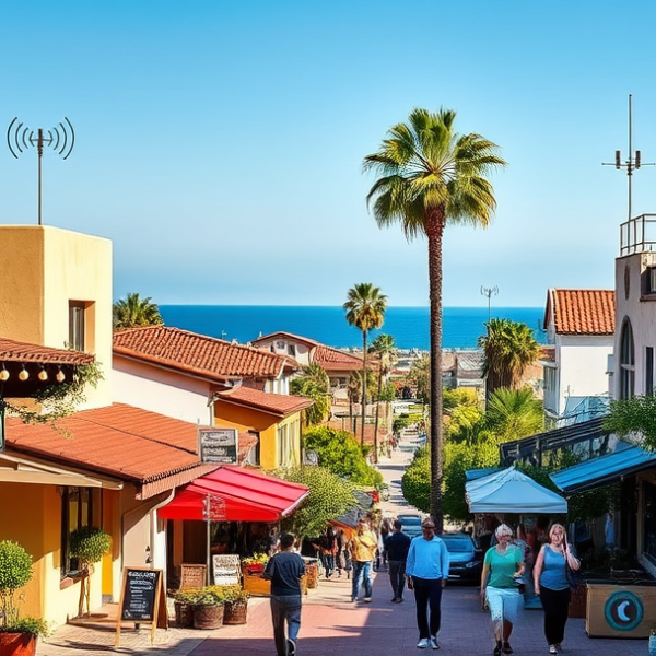 AT&T Coverage, Stores & Plans in Carlsbad Village, Carlsbad CA 92011 A vibrant street scene in Carlsbad Village, Carlsbad, CA (92011), showcasing a lively, charming neighborhood with colorful murals depicting ocean waves and loca