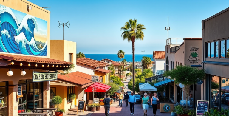 A vibrant street scene in Carlsbad Village, Carlsbad, CA (92011), showcasing a lively, charming neighborhood with colorful murals depicting ocean waves and loca