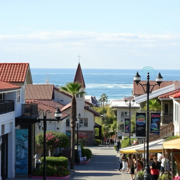 AT&T Coverage, Stores & Plans in Carlsbad Village, Carlsbad CA 92013 A vibrant street scene in Carlsbad Village, Carlsbad, CA 92013, daytime, showcasing charming coastal architecture with colorful storefronts, vintage-style lampp