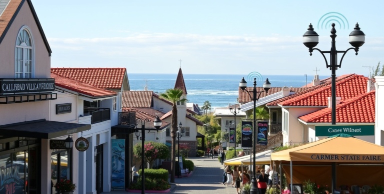 A vibrant street scene in Carlsbad Village, Carlsbad, CA 92013, daytime, showcasing charming coastal architecture with colorful storefronts, vintage-style lampp