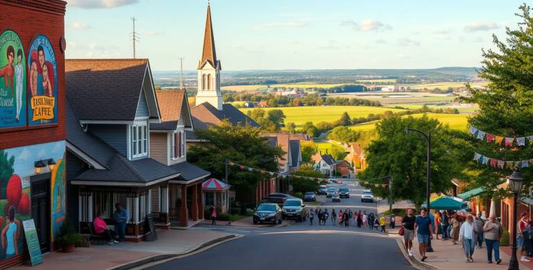 A vibrant street scene in Carmel, Charlotte, NC (28247), showcasing a lively neighborhood with colorful murals depicting local history and community pride on ne