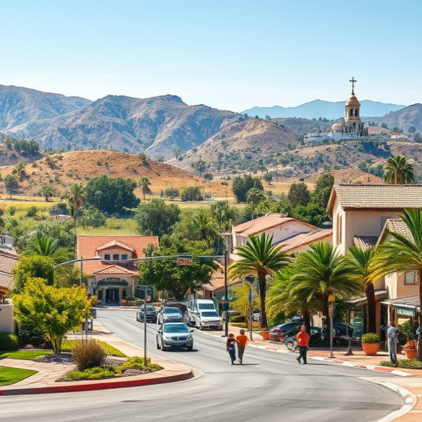 T-Mobile Plans, Coverage & Stores in Carmel Mountain Ranch, San Diego CA 92150 A vibrant street scene in Carmel Mountain Ranch, San Diego, CA 92150, showcasing a suburban neighborhood with lush green lawns and palm trees lining the streets
