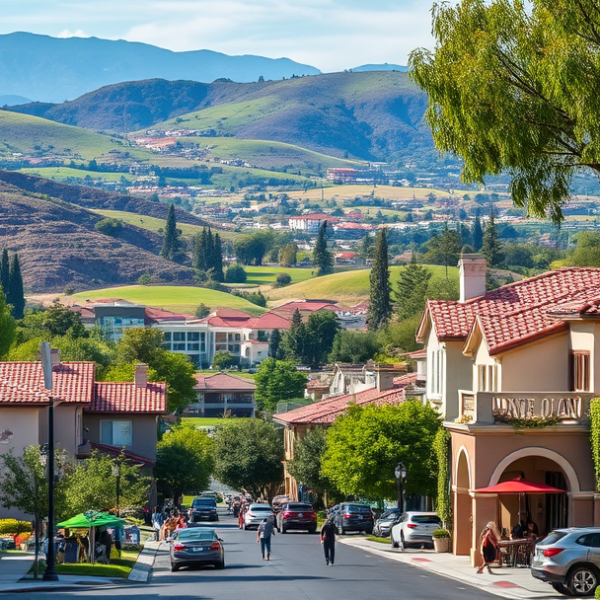 AT&T Coverage, Stores & Plans in Carmel Mountain Ranch, San Diego CA 92197 A vibrant street scene in Carmel Mountain Ranch, San Diego, CA 92197, showcasing lush green parks and rolling hills in the background, with glimpses of natural