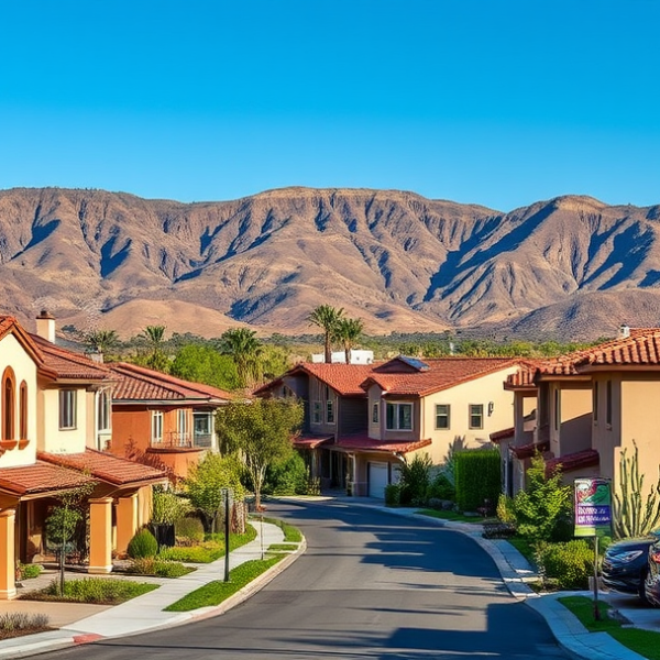 AT&T Coverage, Stores & Plans in Carmel Mountain Ranch, San Diego CA 92199 A realistic street scene in Carmel Mountain Ranch, San Diego, CA 92199, showcasing modern suburban homes with Mediterranean-style stucco exteriors, terracotta r
