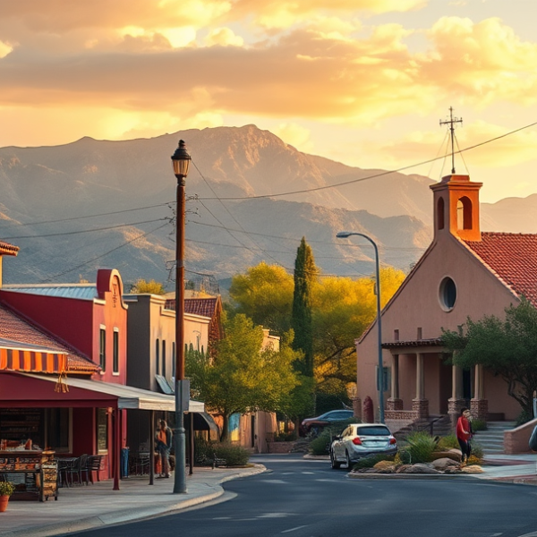 AT&T Coverage, Stores & Plans in Carnuel, Albuquerque NM 87123 A realistic street scene in Carnuel, Albuquerque NM (87123), showcasing a quiet neighborhood with colorful adobe-style houses featuring rounded edges and terrac