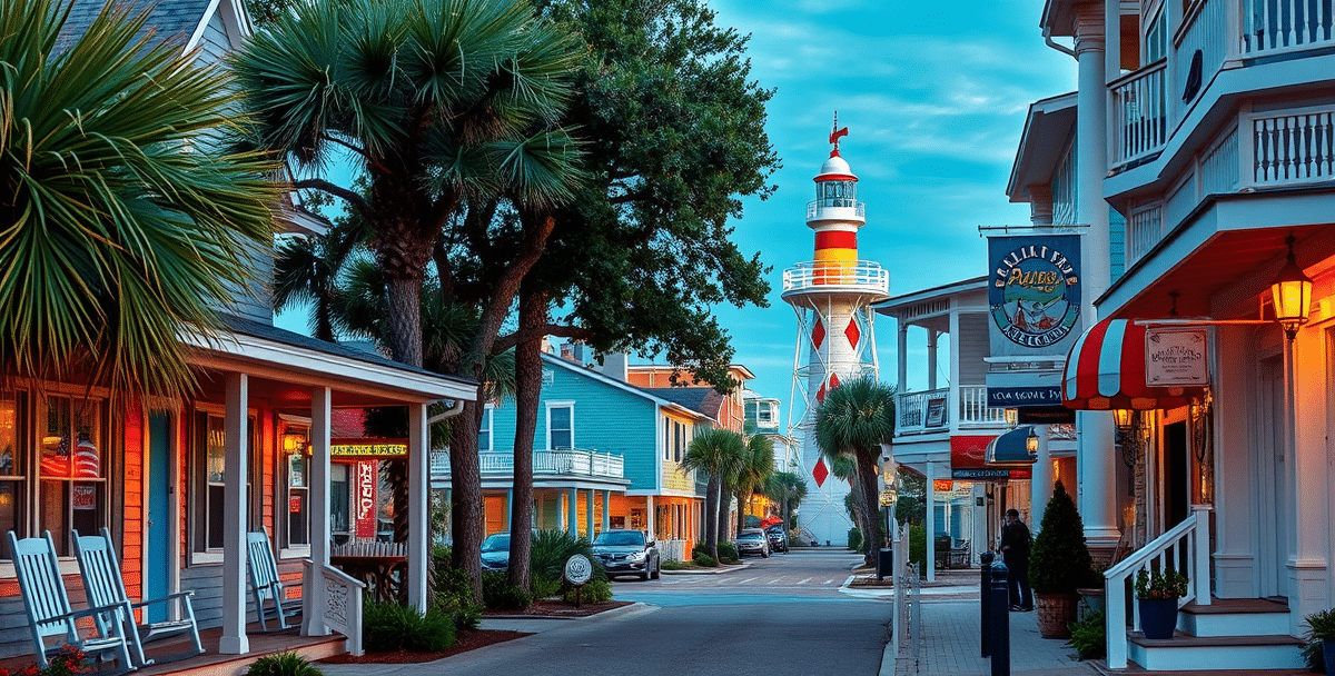 A vibrant street scene in carolina beach, wilmington, nc 28409, featuring colorful coastal cottages with weathered siding and porches adorned with rocking chair