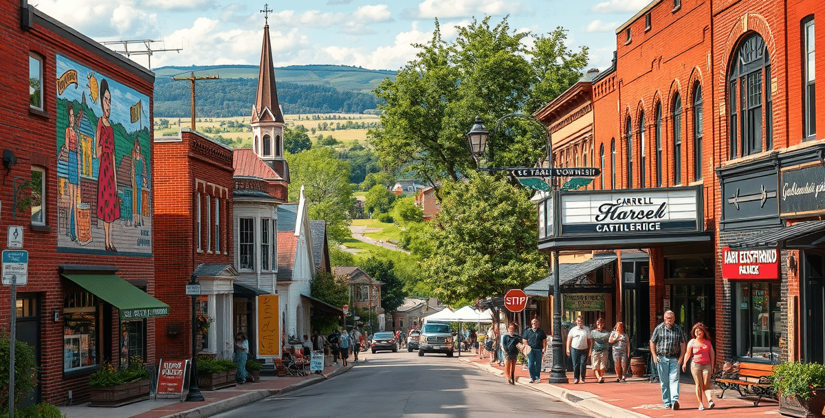 A vibrant street scene in carroll township, kansas city, mo (zip 64164), showcasing a diverse neighborhood with colorful murals depicting local history and comm