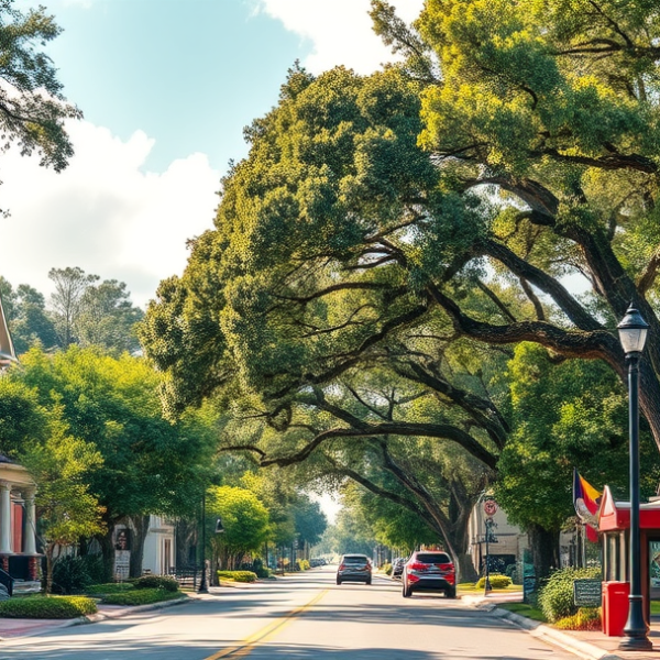 AT&T Coverage, Stores & Plans in Carrollwood, Tampa FL 33618 A vibrant street scene in Carrollwood, Tampa, FL 33618, showcasing lush greenery and mature oak trees lining suburban streets. In the background, the historic C