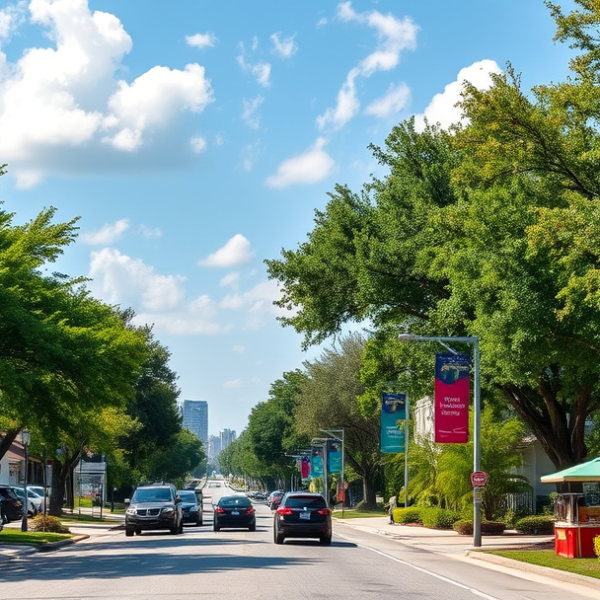 AT&T Coverage, Stores & Plans in Carrollwood, Tampa FL 33625 A vibrant street scene in Carrollwood, Tampa FL 33625, showcasing lush green trees lining a quiet suburban road with charming ranch-style homes featuring stucco