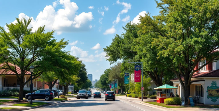 A vibrant street scene in Carrollwood, Tampa FL 33625, showcasing lush green trees lining a quiet suburban road with charming ranch-style homes featuring stucco