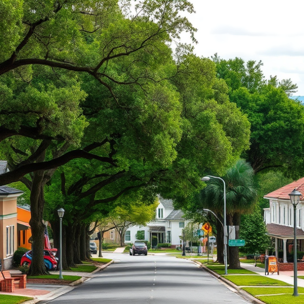 AT&T Coverage, Stores & Plans in Carrollwood, Tampa FL 33688 A vibrant street scene in Carrollwood, Tampa FL 33688, featuring lush greenery and mature oak trees lining a quiet suburban road. In the background, the Carroll