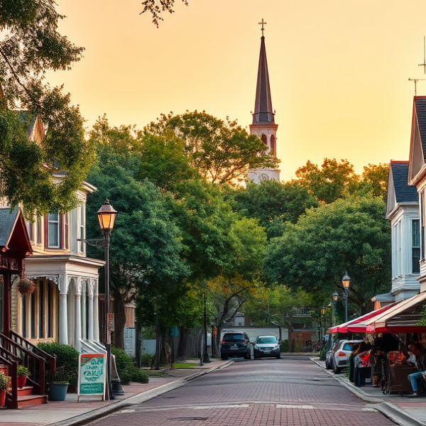 AT&T Coverage, Stores & Plans in Carver Heights, Savannah GA 31415 A vibrant street scene in Carver Heights, Savannah, GA 31415, showcasing historic Craftsman and bungalow-style homes with colorful facades, intricate woodwork,