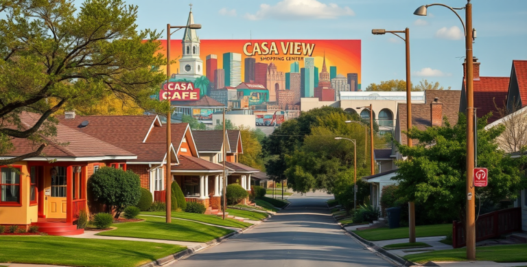 A vibrant street scene in Casa View, Dallas, TX 75228, showcasing charming mid-century ranch-style houses with colorful stucco facades and well-manicured lawns.