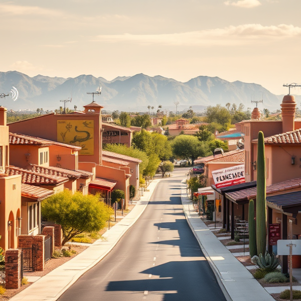 AT&T Coverage, Stores & Plans in Casas Adobes, Tucson AZ 85752 A vibrant street scene in Casas Adobes, Tucson, AZ 85752, showcasing a sunlit neighborhood with adobe-style homes featuring terracotta roofs, stucco walls, and