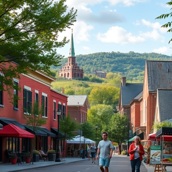 AT&T Coverage, Stores & Plans in Cascade Valley, Akron OH 44303 A vibrant street scene in Cascade Valley, Akron, OH 44303, showcasing a mix of historic brick houses with colorful shutters, tree-lined sidewalks shaded by matu