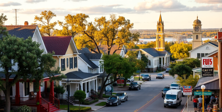 A vibrant street scene in Caspiana, Shreveport, LA (71115), featuring historic Craftsman-style houses with inviting porches and colorful bungalows, lined along