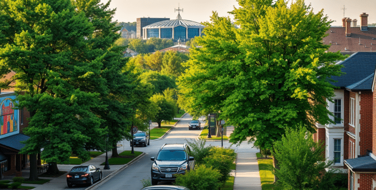 A vibrant street scene in castleton, indianapolis, in (46250), showcasing a lively suburban neighborhood with lush green trees lining wide, well-maintained side
