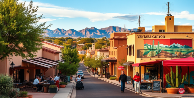 A vibrant street scene in Catalina Foothills, Tucson, AZ 85718, showcasing lush desert landscaping and scenic mountain views in the distance. Elegant Southweste