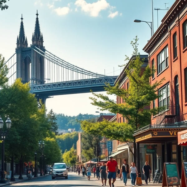 AT&T Coverage, Stores & Plans in Cathedral Park, Portland OR 97283 A vibrant street scene in Cathedral Park, Portland, OR (97283), showcasing the historic St. Johns Bridge with its towering Gothic spires overhead, casting intri