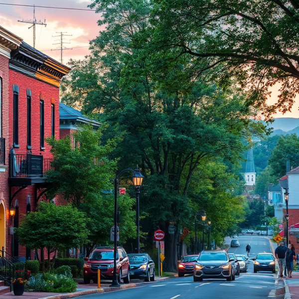 T-Mobile Plans, Coverage & Stores in Catonsville, Baltimore MD 21250 A vibrant street scene in Catonsville, Baltimore, MD 21250, showcasing charming brick rowhouses with colorful shutters and quaint porch gardens, nestled along t