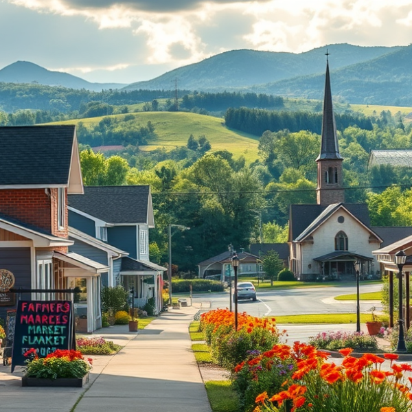 AT&T Coverage, Stores & Plans in Catoosa, Crossville TN 38555 A vibrant street scene in Catoosa, Crossville, TN 38555, showcasing a cozy local café with vintage signage, a colorful mural of rural life inside a community ce
