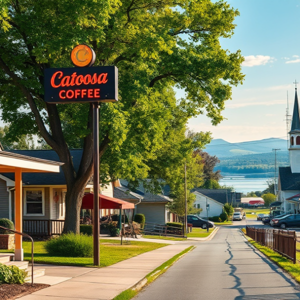 AT&T Coverage, Stores & Plans in Catoosa, Crossville TN 38558 A vibrant street scene in Catoosa, Crossville, TN (38558), showcasing charming mid-century ranch-style houses with colorful facades and well-kept lawns, nestled