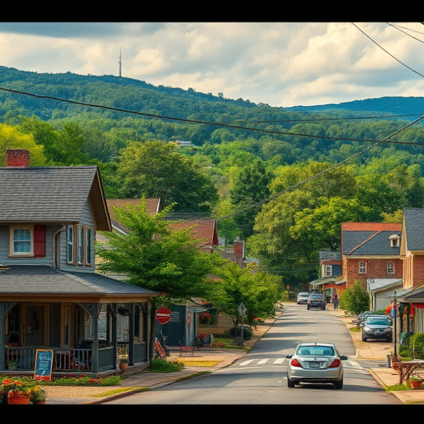 AT&T Coverage, Stores & Plans in Catoosa, Crossville TN 38571 A vibrant street scene in Catoosa, Crossville, TN (38571), showcasing cozy suburban houses with picturesque front porches and rustic charm, nestled along tree-l