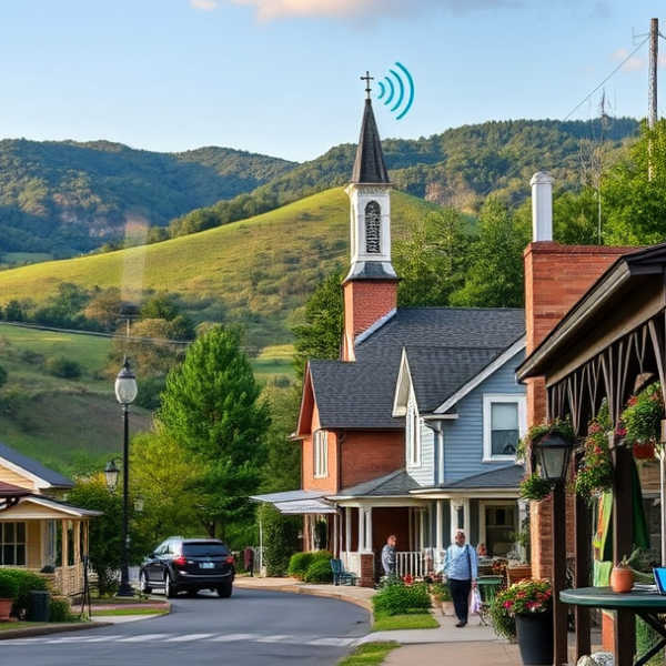 AT&T Coverage, Stores & Plans in Catoosa, Crossville TN 38572 A vibrant street scene in Catoosa, Crossville, TN 38572, showcasing charming single-story houses with rustic siding and colorful porches, nestled among rolling