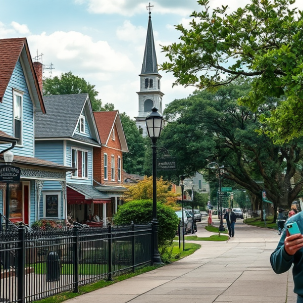 AT&T Coverage, Stores & Plans in Cedar Grove, Lynbrook, Shreveport LA 71136 A vibrant street scene in Cedar Grove, Lynbrook, Shreveport, LA 71136, featuring charming historic houses with colorful siding and wrought-iron fences lining th