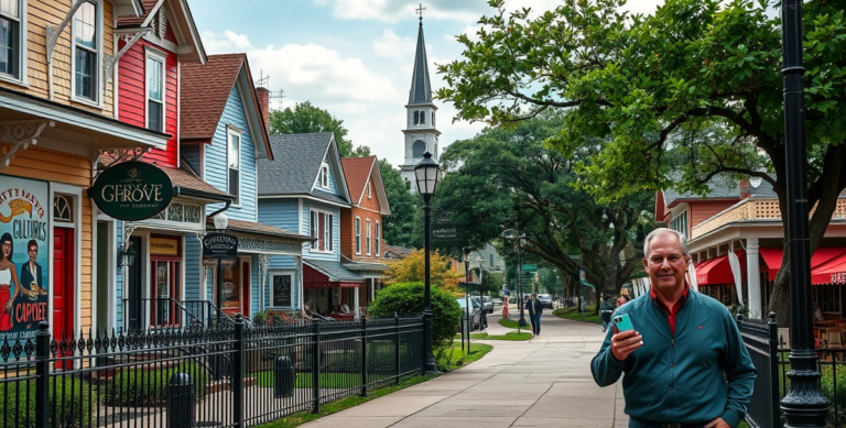 A vibrant street scene in Cedar Grove, Lynbrook, Shreveport, LA 71136, featuring charming historic houses with colorful siding and wrought-iron fences lining th