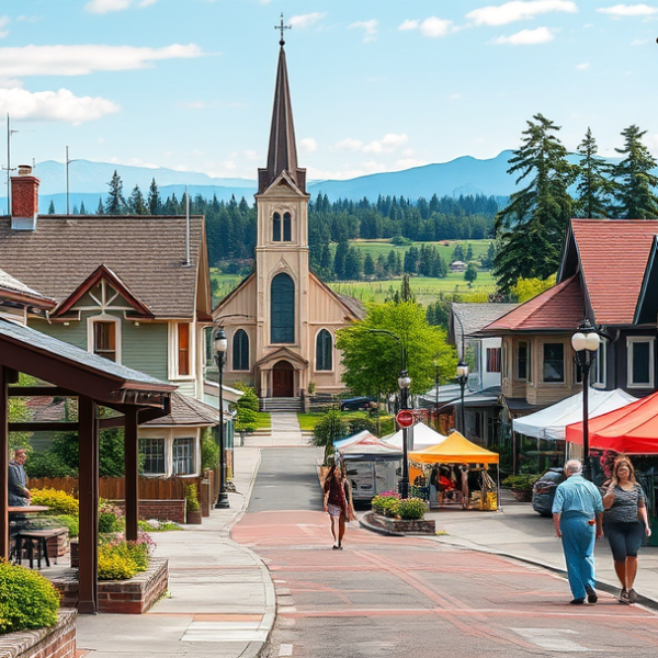 AT&T Coverage, Stores & Plans in Cedar Park, Kent WA 98064 A vibrant street scene in Cedar Park, Kent, WA (98064), featuring a cozy, brick-front café with outdoor seating, surrounded by lush greenery and flowering shrub