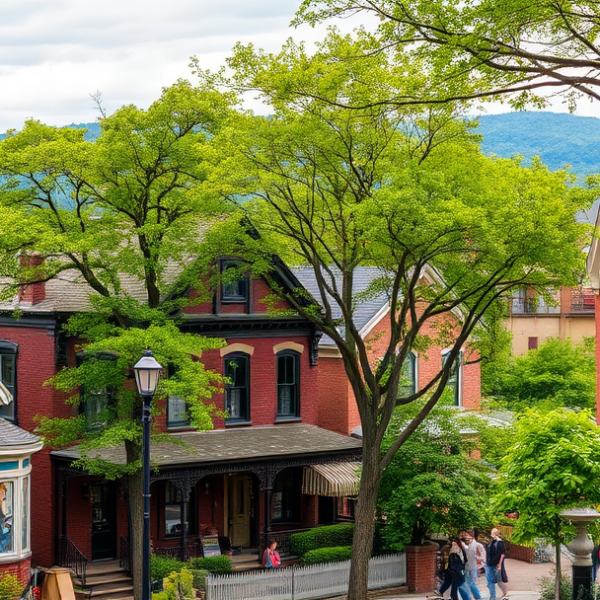 T-Mobile Plans, Coverage & Stores in Cedarhurst, Pittsburgh PA 15243 A vibrant street scene in Cedarhurst, Pittsburgh PA (15243), showcasing charming early 20th-century brick houses with ornate porches and vintage details, nestle