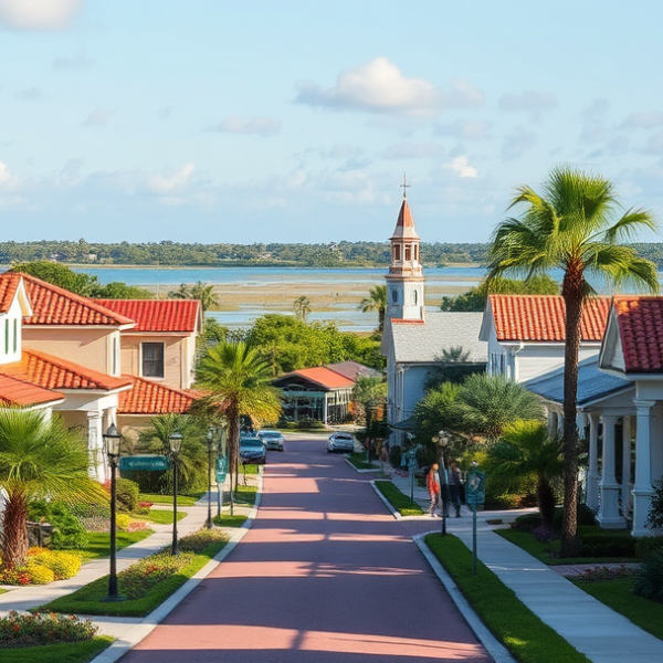 AT&T Coverage, Stores & Plans in Celebration, Kissimmee FL 34747 A vibrant street scene in Celebration, Kissimmee, FL 34747, showcasing beautifully maintained pastel-colored cottages and Mediterranean Revival-style homes with