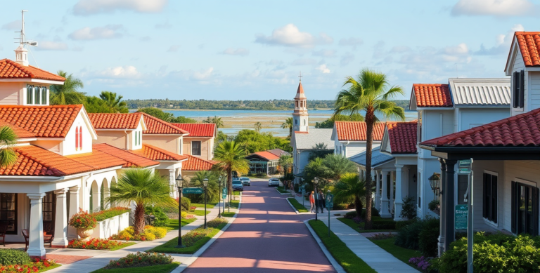 A vibrant street scene in Celebration, Kissimmee, FL 34747, showcasing beautifully maintained pastel-colored cottages and Mediterranean Revival-style homes with