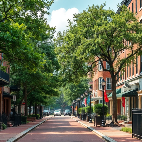T-Mobile Plans, Coverage & Stores in Centennial Hill, Montgomery AL 36103 A vibrant street scene in Centennial Hill, Montgomery, AL 36103, showcasing historic brick row houses with wrought-iron balconies and colorful facades lining tr