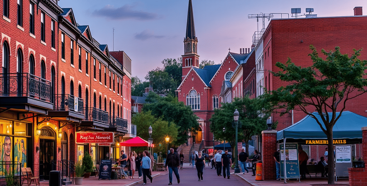 A vibrant street scene in centennial hill, montgomery, al 36124, showcasing historic brick townhouses with ornate ironwork balconies and colorful murals celebra