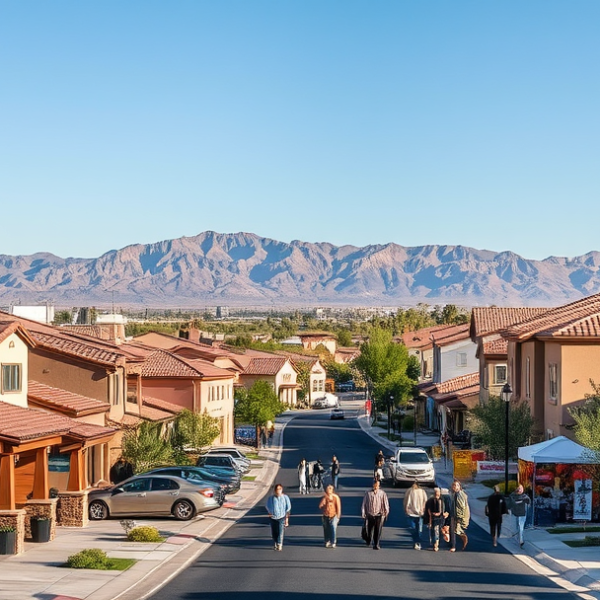 AT&T Coverage, Stores & Plans in Centennial Hills, Las Vegas NV 89149 A vibrant street scene in Centennial Hills, Las Vegas NV 89149, showcasing a suburban neighborhood with modern ranch-style homes featuring stucco walls, tile ro