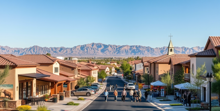 A vibrant street scene in Centennial Hills, Las Vegas NV 89149, showcasing a suburban neighborhood with modern ranch-style homes featuring stucco walls, tile ro