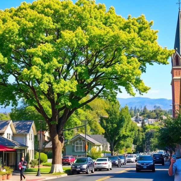 AT&T Coverage, Stores & Plans in Centennial, Redwood City CA 94064 A vibrant street scene in Centennial, Redwood City, CA 94064, featuring a cozy, bustling café with outdoor seating, colorful murals depicting local history and