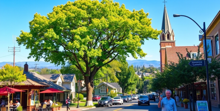 A vibrant street scene in Centennial, Redwood City, CA 94064, featuring a cozy, bustling café with outdoor seating, colorful murals depicting local history and