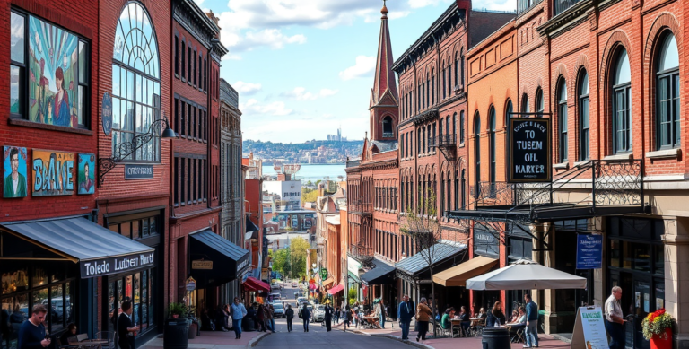 A vibrant street scene in Center City, Toledo, OH 43604, showcasing a bustling urban neighborhood with murals depicting local history and culture adorning brick