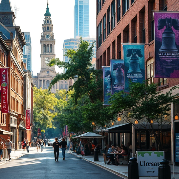 T-Mobile Plans, Coverage & Stores in Center City West, Philadelphia PA 19103 A vibrant street scene in Center City West, Philadelphia, PA 19103, showcasing the historic architecture of elegant brownstones and sleek modern high-rises lini