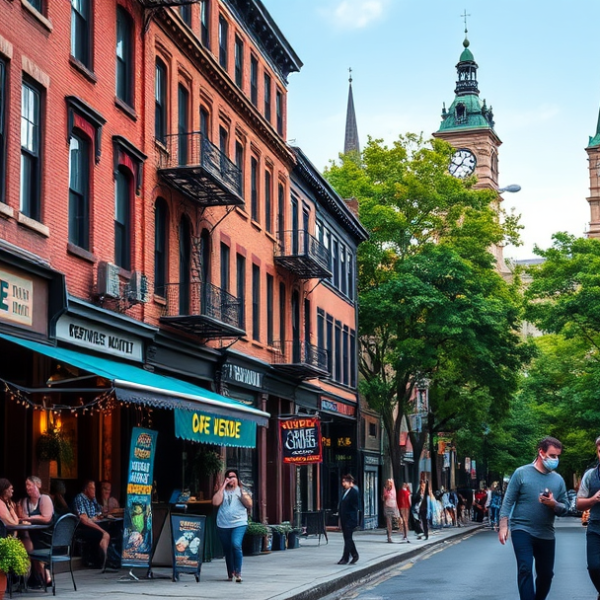 AT&T Coverage, Stores & Plans in Center City West, Philadelphia PA 19192 A vibrant street scene in Center City West, Philadelphia, PA 19103, showcasing a lively urban block with historic brownstones and sleek modern buildings lining